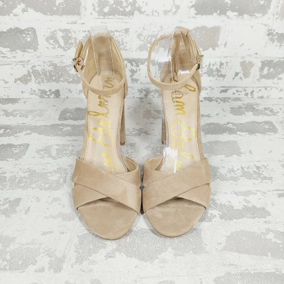 New Sam Edelman Yancy Beige Faux Suede Ankle Strap Heeled Sandals X370 - Picture 7 of 12